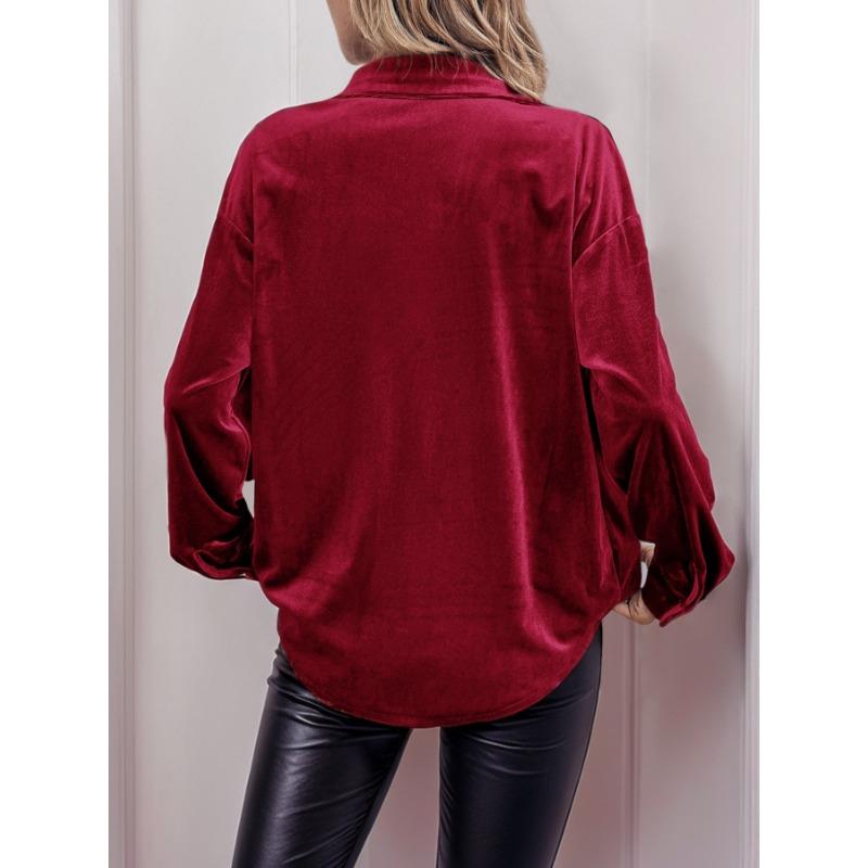 VEZFAA Women's Fashion Casual Spring Autumn Solid Color Print Long Sleeve POLO Neck Blouses & Shirts