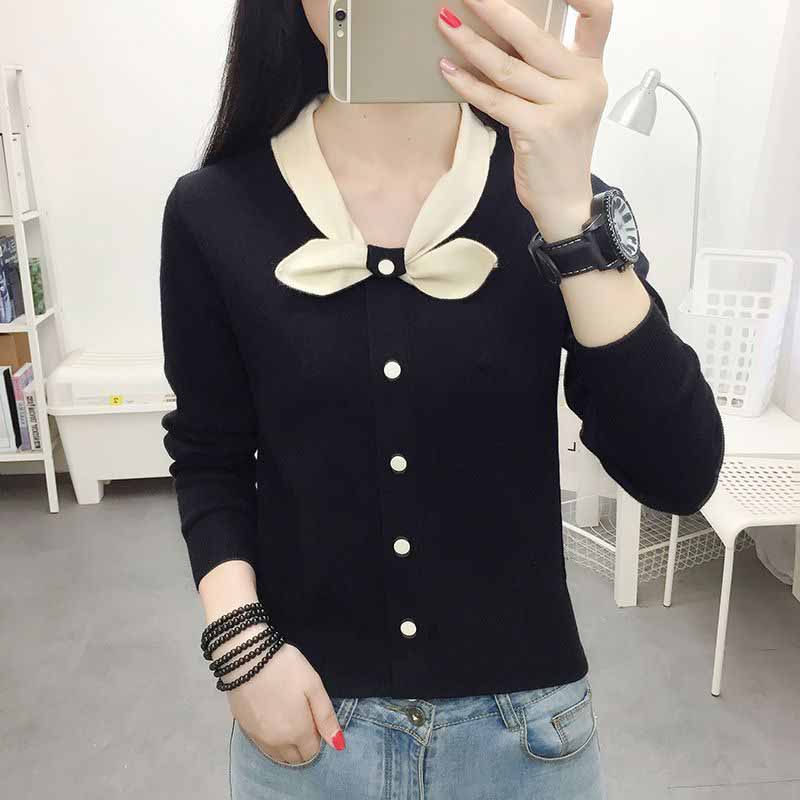 Sweaters Women's Long Sleeved Knitwear Short Top Undercoat Women's Spring New Bow Neck Slim