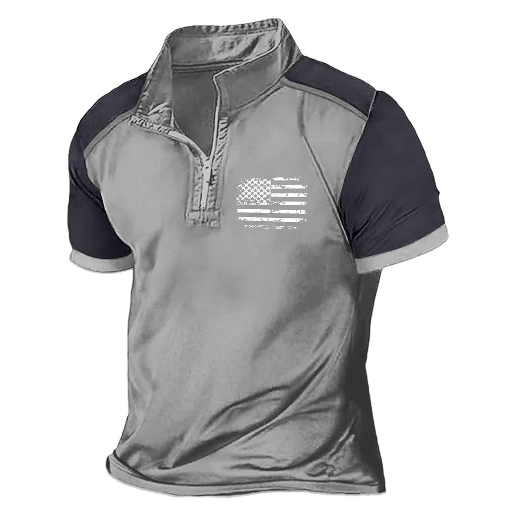 Summer New Men's Color Matching Semi-zipper Casual Stand Collar Short-sleeved Shirt Collar