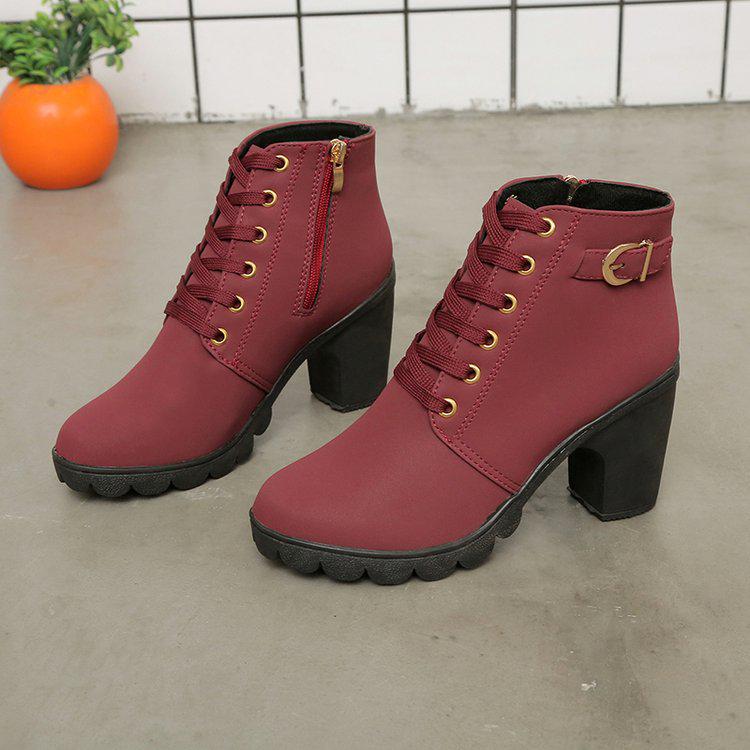Women's Autumn High-Heeled Boots: Short, Thick-Heeled, Round-Toe Martin Style with Belt Buckles and Lace-Up Design