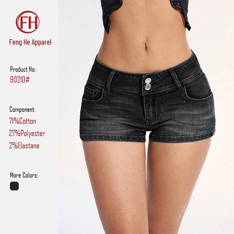 Women s Summer Slimming Skinny Denim Shorts - European & American Style, Elastic Mid-Waist XS чёрный