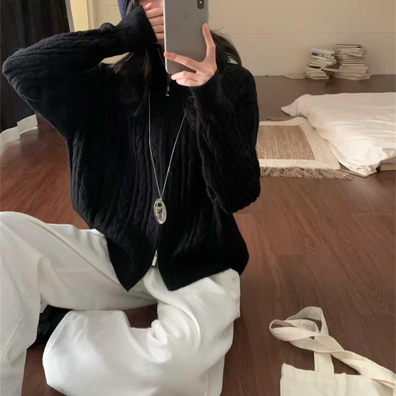 Retro twist knitted cardigan for women's autumn and winter new lazy wind double zipper stand-up neck sweater jacket for women
