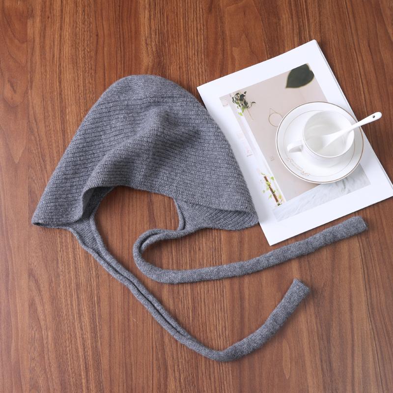 100% Wolle Einfarbige Gestrickte Mütze mit Ohrklappen und langem Zopfband Warm für Herbst & Winter Modischer Schnür-Pullover Woll-Kopfbedeckung