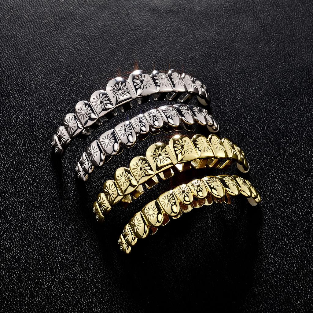 Factory Sales Hip-hop Rapper's Floral Silver Gold Color 12 Tooth Gold Grillz Teeth Braces