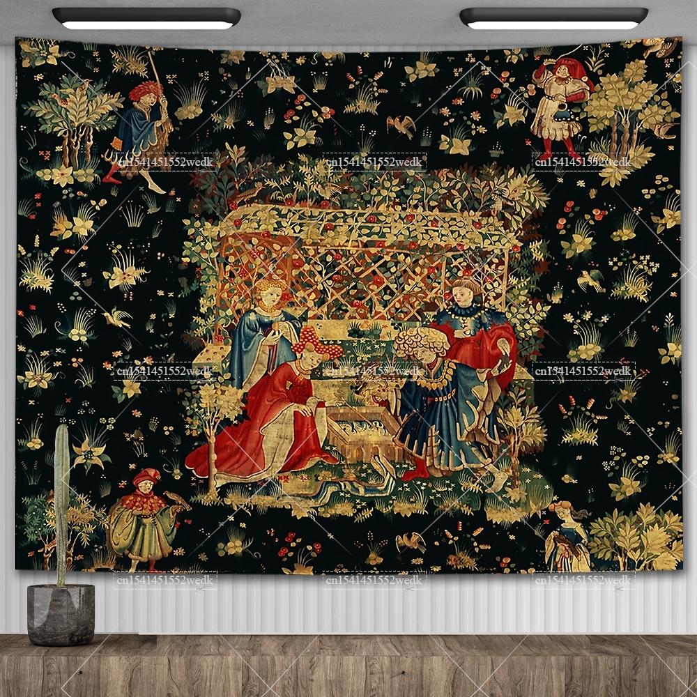 Гобелен «Леди и единорог» Средневековый гобелен Настенный гобелен Печатный домашний декор Гобелены Фоновое покрытие для комнаты Для кровати 102x127cm 50x40in