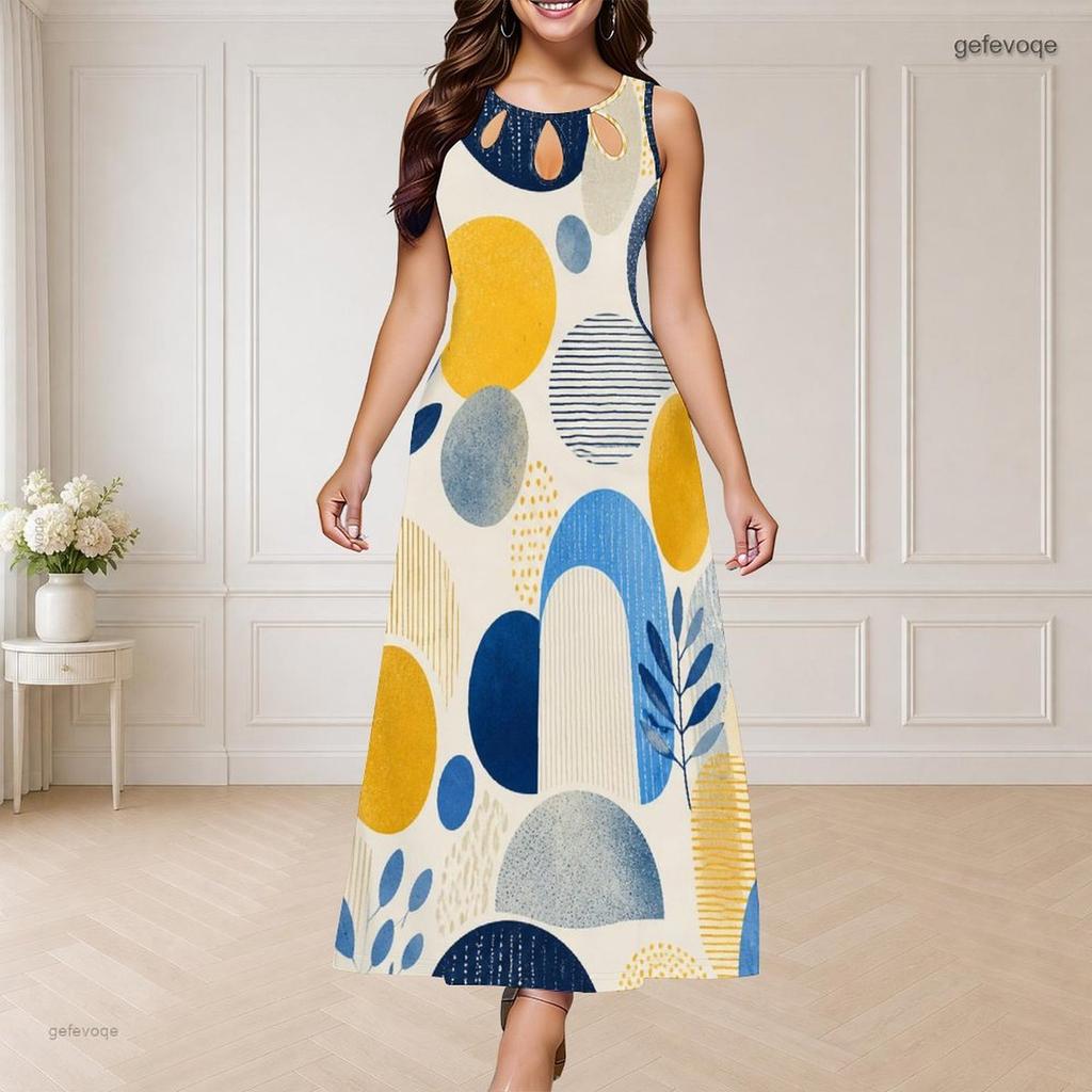Women Plus Size Round Neck Triple Keyhole Cutout Sleeveless Geometric Print Long Dress Blue Yellow Beige