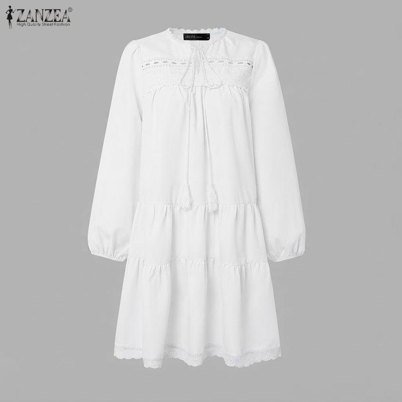 ZANZEA Womens Tassel Tie Neck Long Sleeve Crochet Lace Trim Mini Dress Casual Sundress