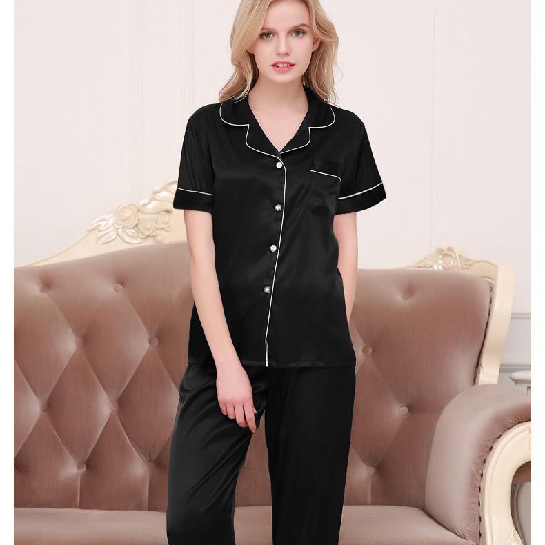 Girls' Imitation Silk Pajama Set - Short Sleeve Top & Long Pants, Lapel Design, Spring/Summer Homewear