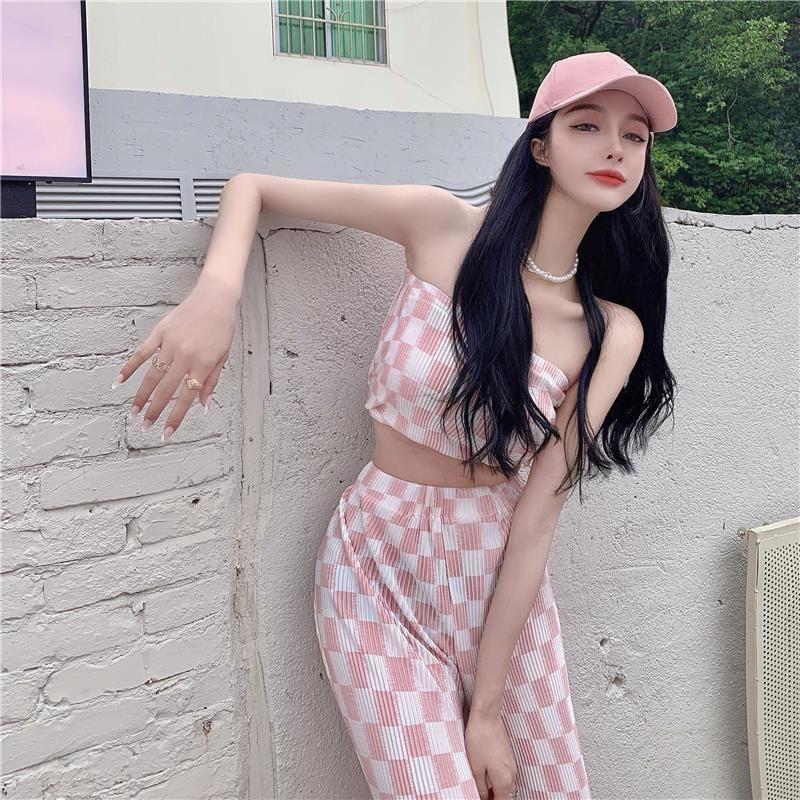 Women's Summer Plaid Two-Piece Suit: Trendy Korean Tube Top with Wide-Leg Trousers