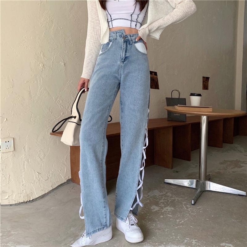 European and American Style High Waisted Split Strap Jeans for Women with Straight Sleeves and Slim Wide Legs, Fashionable Women's Clothing