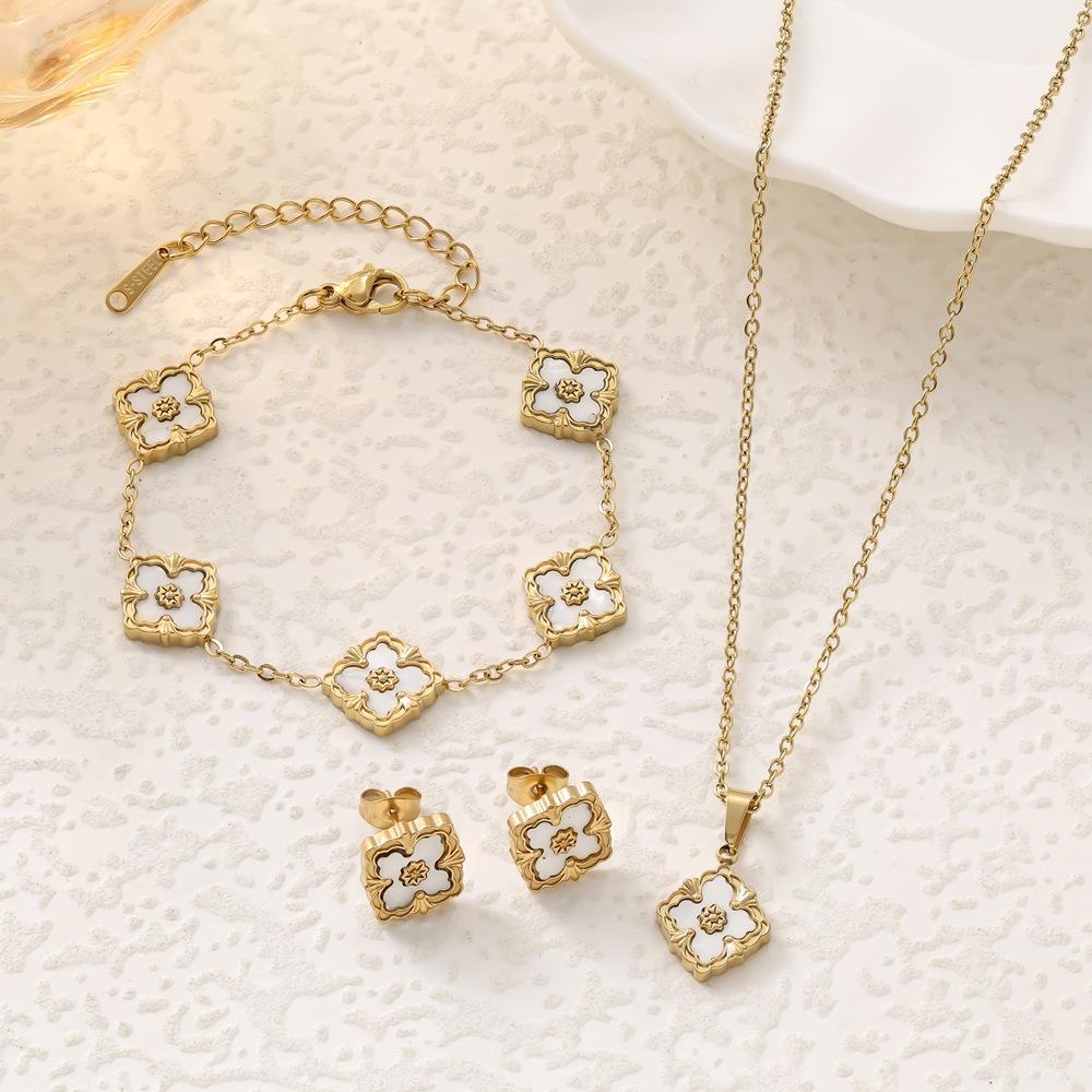 3PCS diamond clover five flower bracelet necklace earrings stainless steel jewelry set
