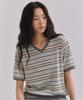 Sayu Mild Stripe V-Neck Short Sleeve Pullover Mocha