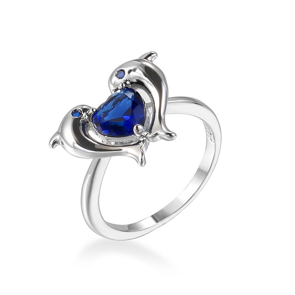Charm Female Blue Round Zircon Stone Heart Dolphin Engagement Ring Vintage Silver Color Wedding Jewelry For Women
