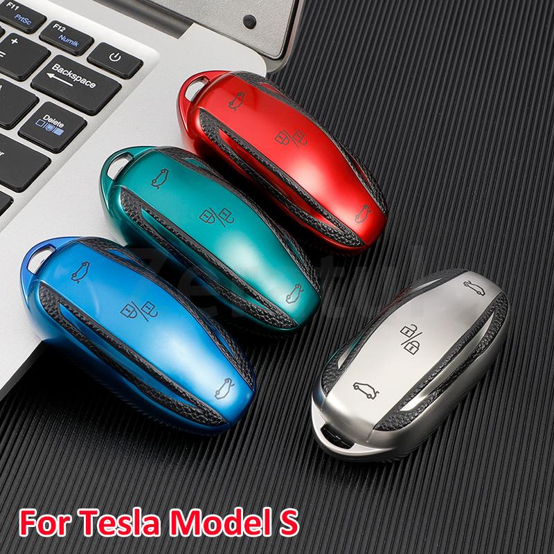 

Tpu Leather Auto Shell Fob Holder Bag For Tesla Model X 3 Y S Keyless Protector Accessories Car Remote Smart Key Case Cover blue