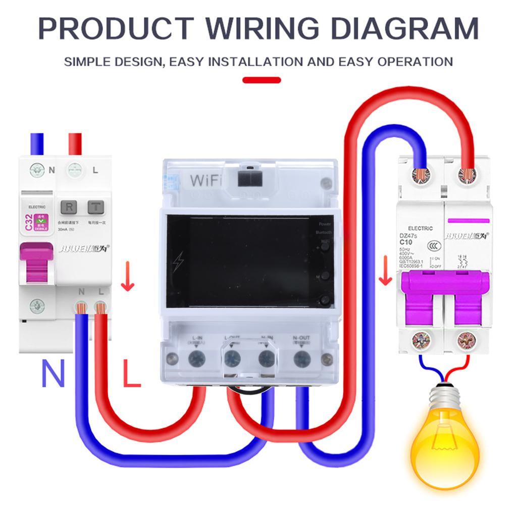 Rail Mounting Electricity Usage Monitor 2.4inch Color Display Digital Energy Meter Switch Breaker AC85V-265V 100A 26.5kW