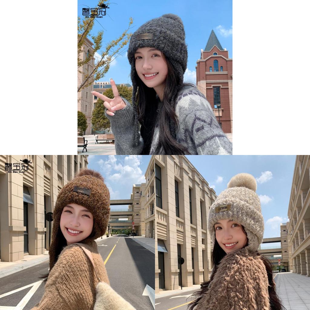 Autumn Winter Knitted Hat With Earmuffs For Women Breathable Warmth Casual Style