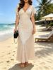Women's Beige Tiny Floral Print V Neck Maxi Dress Flounce Sleeve Casual Dress
