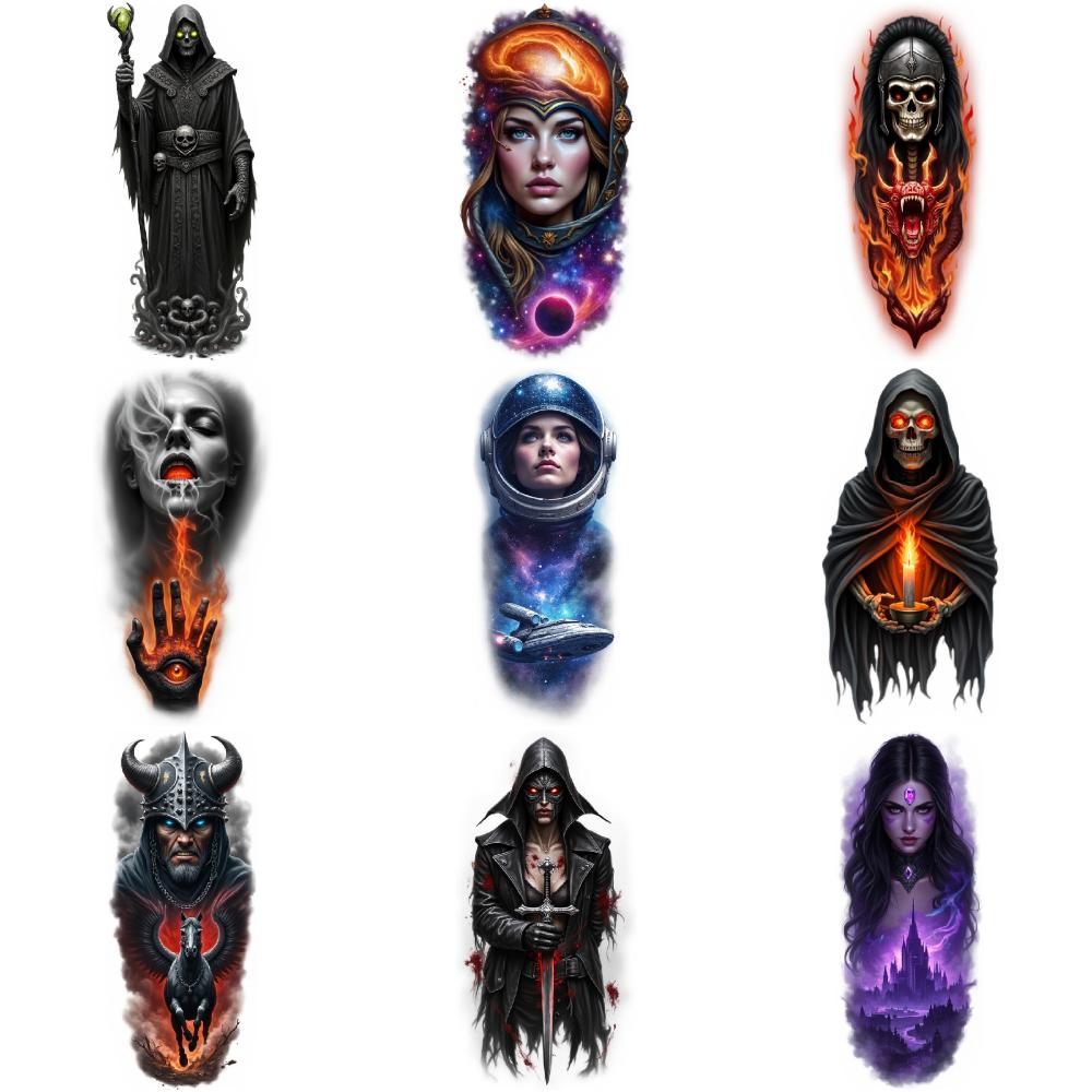 9pcs Temporary Tattoo Colorful Realism Fantasy Woman Hooded Character Flaming Skull For Adult Back Thighs