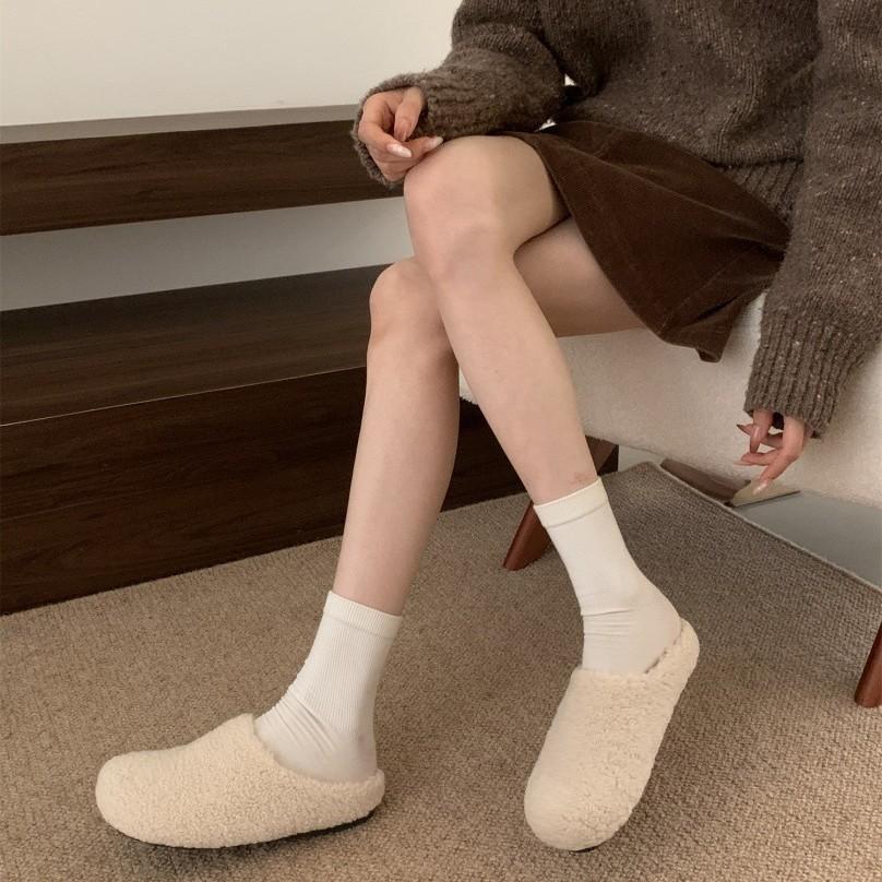 Baotou outer wear cotton slippers, one pedal, velvet to keep warm, big head retro confinement fluffy slippers, home leisure half drag