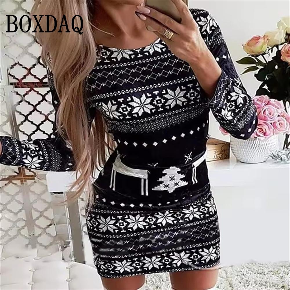 Women Christmas Party Dress 3D Funny Snowman Christmas Element Printed Dress Autumn Winter Long Sleeve Dress