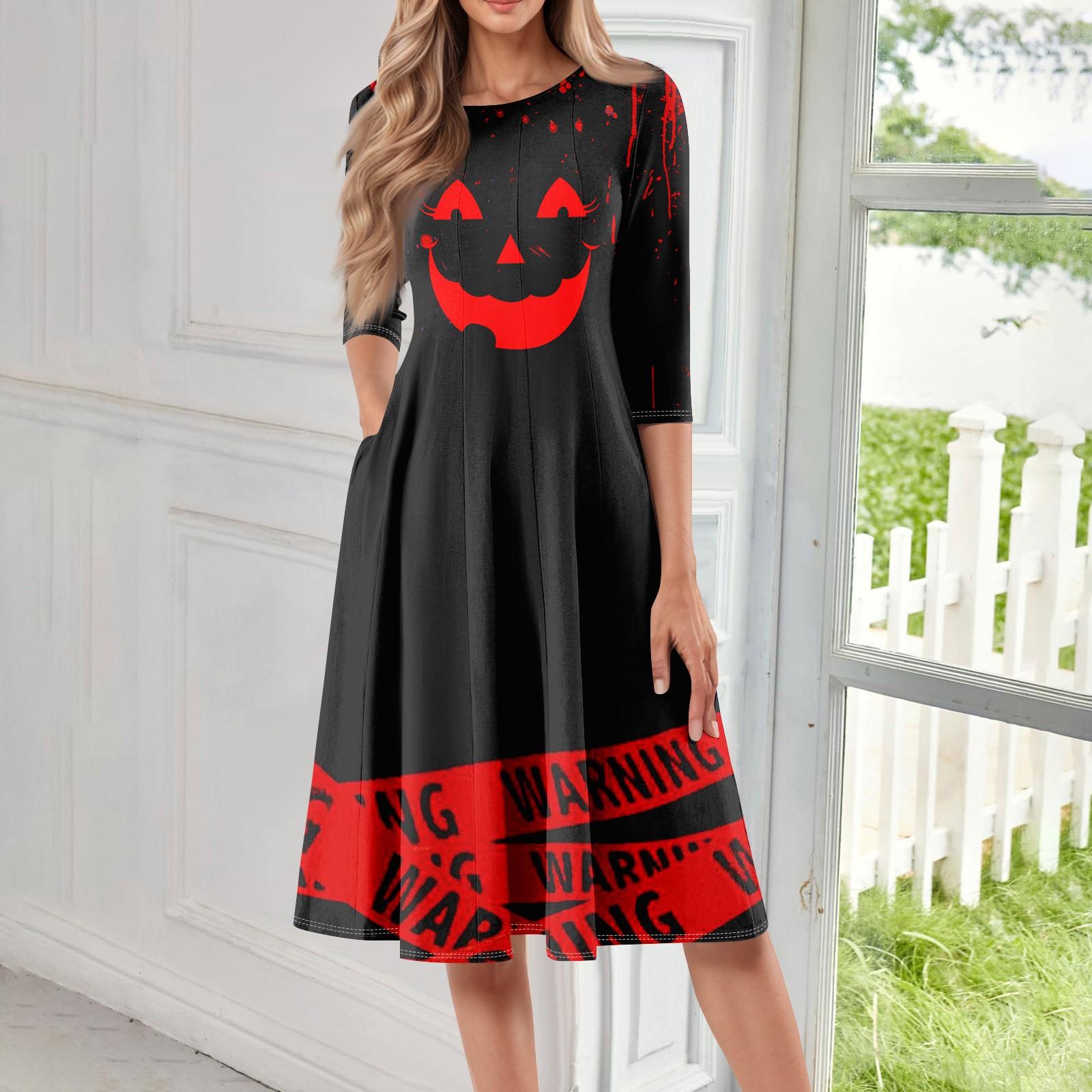 

Women s Casual Fashion Round Neck Three Quarter Sleeve Halloween Print Midi Dress M