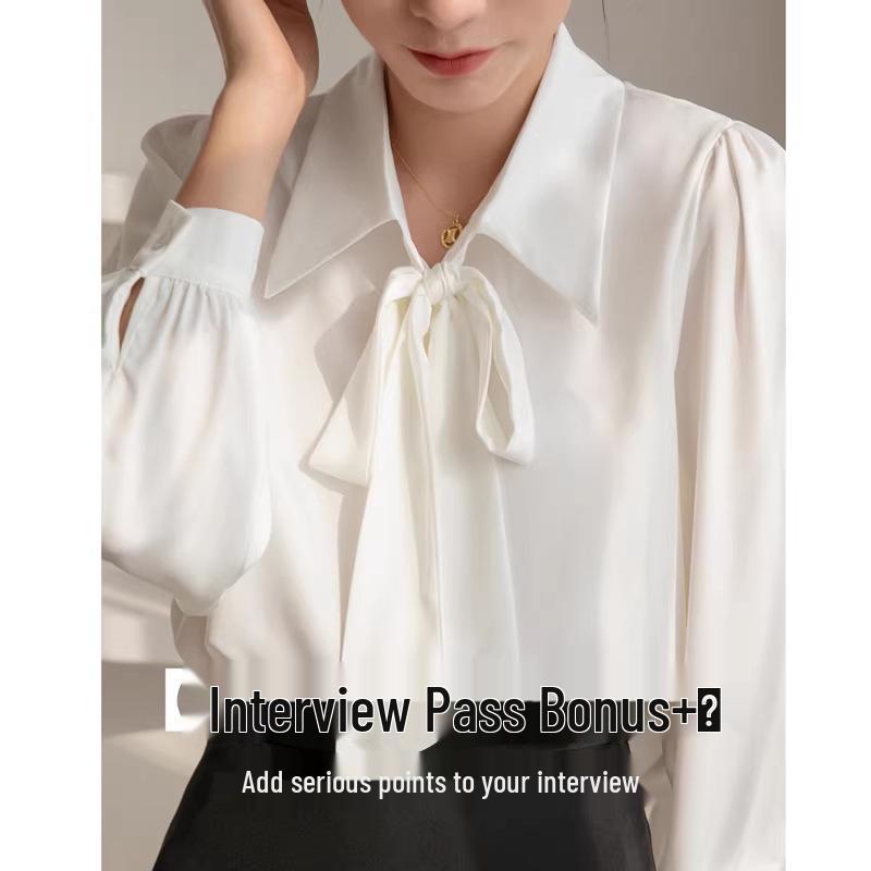 Women's Professional Chiffon Bow Shirt - Long Sleeve White Formal Top for Workplace and Interview