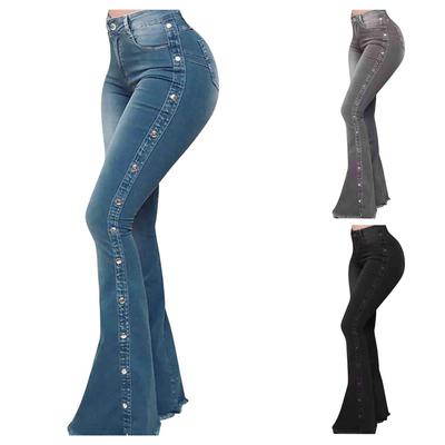 Summer Women's Button Slim Front And Back Pocket Zipper Design Flared Leg Work Pants Denim Trousers