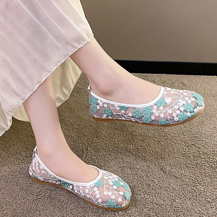 Single Shoe Female 2023 Spring New Lace Mesh Casual Fit Flat Shoes Round Toe Breathable Single Shoes