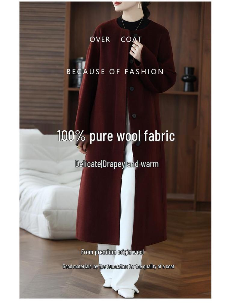 Women's Extra Long Double-Faced Wool Coat - Round Neck, Chinese Style