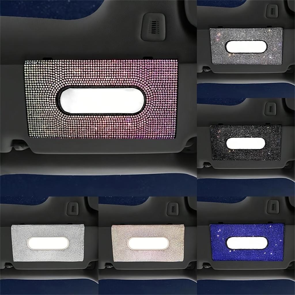 1pc Car Tissue Box, Car Sun Visor Tissue Storage Box, Glitter Rhinestone Tissue Bag, PU Leather Artificial Crystal Tissue Box
