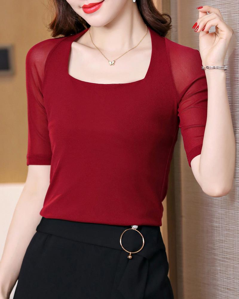 

Женский топ для латиноамериканских танцев с рукавом до локтя из эластичной сетки на весну/лето 2025 года - Современная тренировочная одежда с квадратным вырезом XL красный