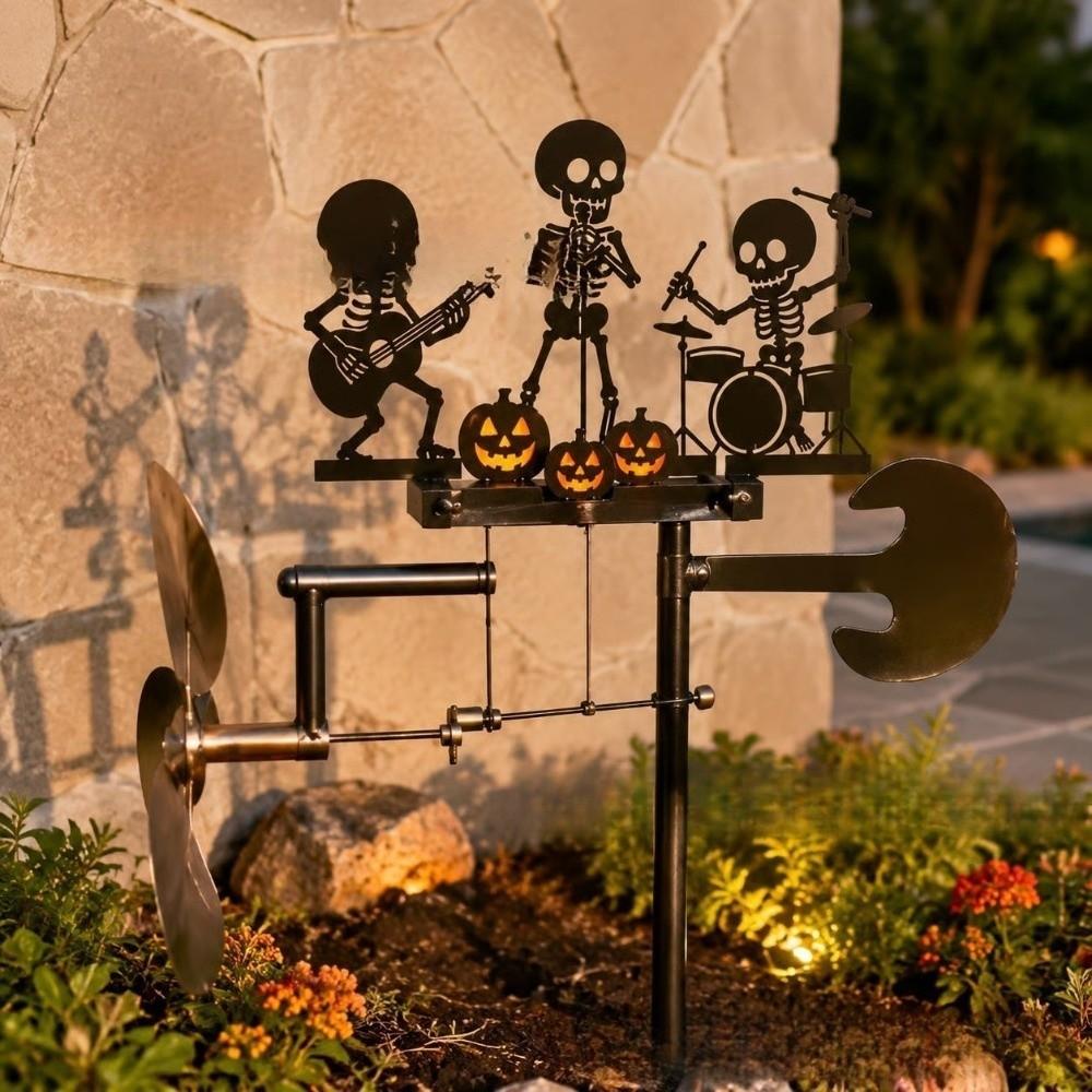 Wind-Powered Halloween Skeleton Metal Drummer Wind Heavy Duty Rock Band Sculpture Yard