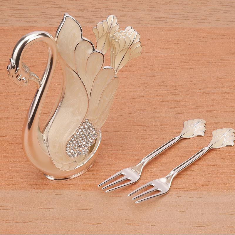 European Luxury Gold & Silver Rhinestone Swan Spoon and Fork Set with Swan Stand