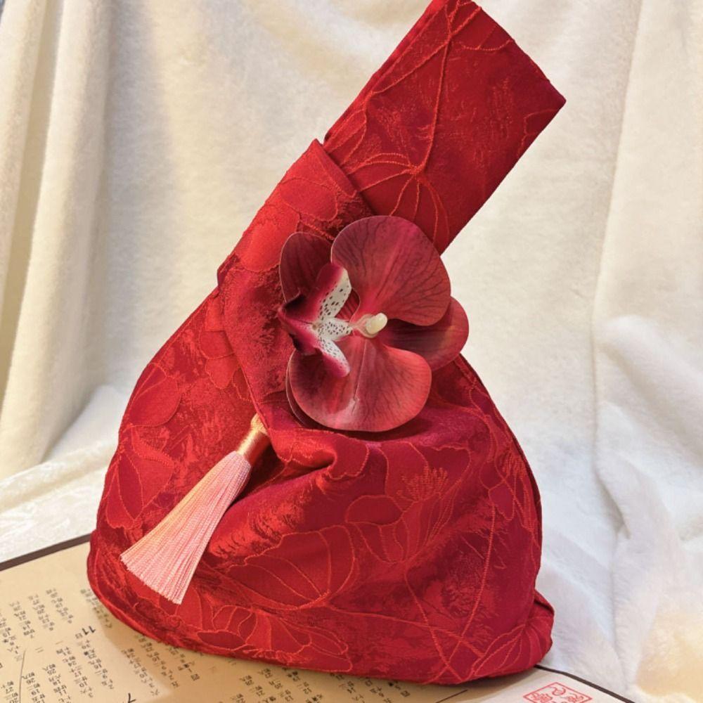 

Flower Pendant Tassel Knot Wrist Bag Small Item Pouch Festive Sugar Bag Embroidery Handbag Purse A