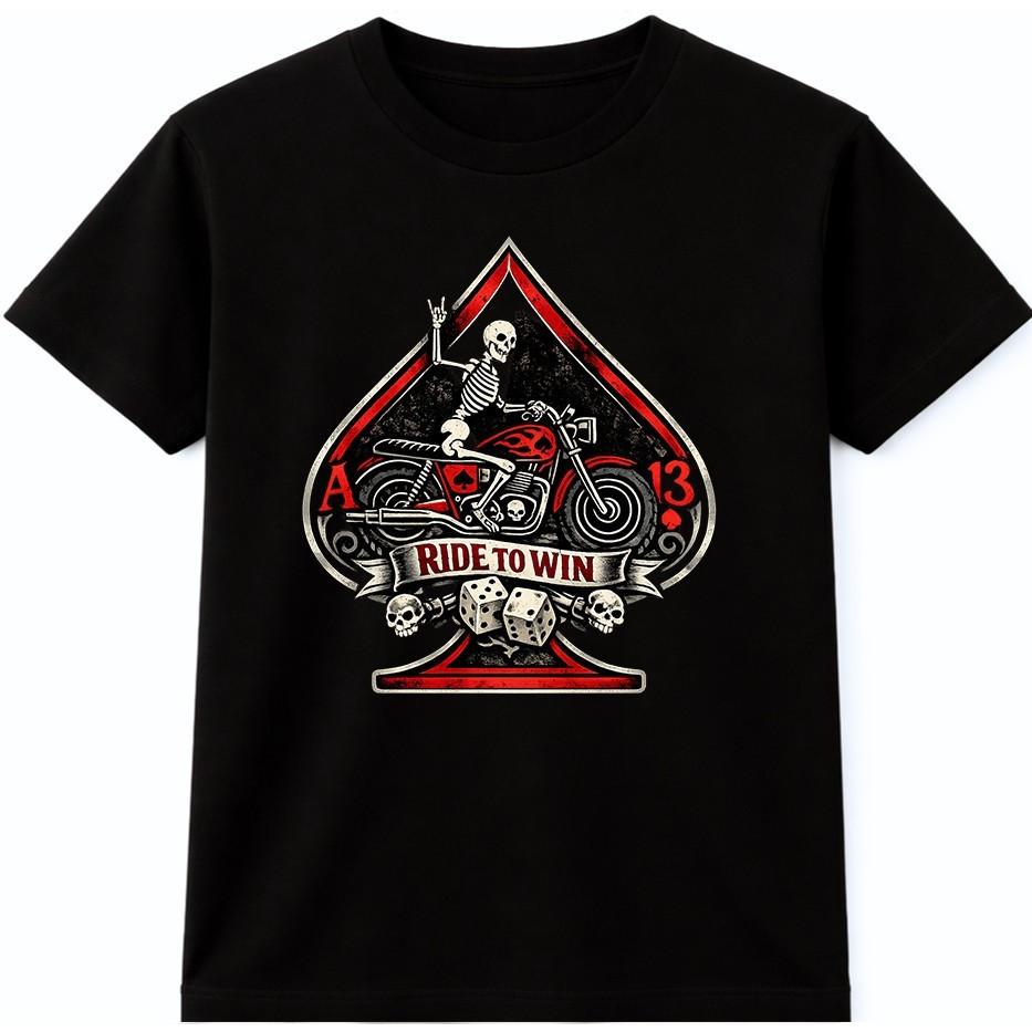 Biker Skeleton T Shirt Ride to Win Skull Motorcycle Poker Ace Rider Tee S разноцветный