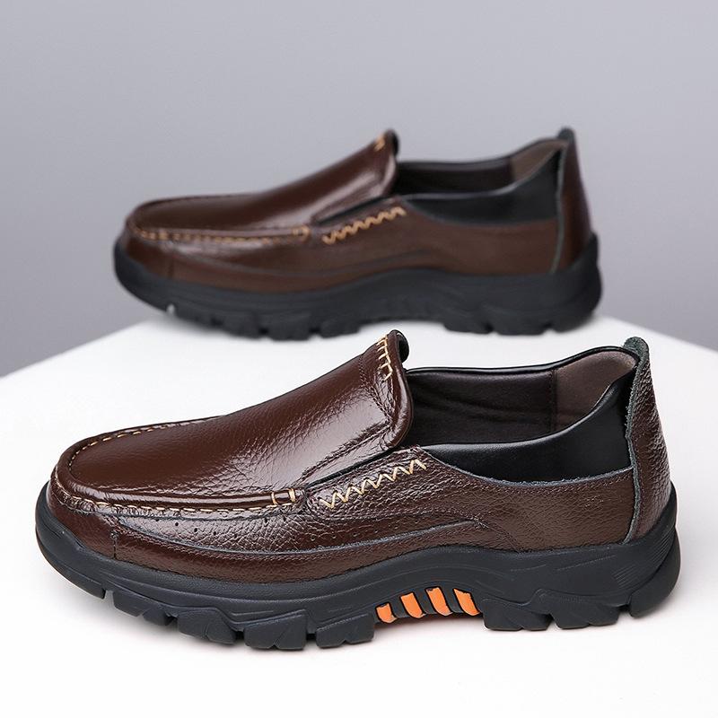 One-step British Style Casual Leather Shoes, Soft Sole, First Layer Cowhide Business Men's Shoes, Non-slip Car Stitching, Four Seasons, Large Size