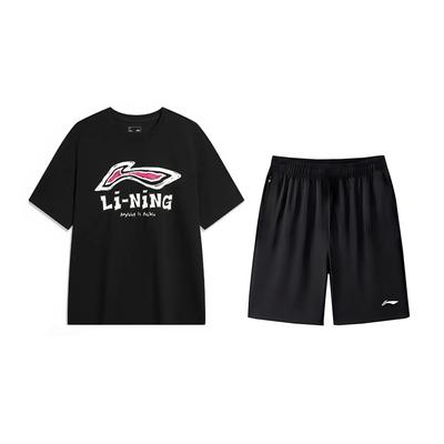Li Ning Logo Printed Fashion Cool Quick-Dry Round Neck Pullover Versatile Comfortable Simple Casual Sports Suit Unisex Sports Suit AHSU711-1+AKSV843-1