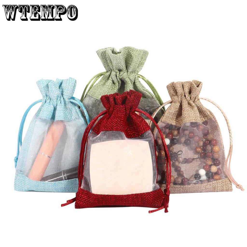 20pcs Linen Drawstring Bags Window Bags Spliced Mesh Bags Cosmetic Sorting and Storage Bags Gauze Bags Drawstring Bags
