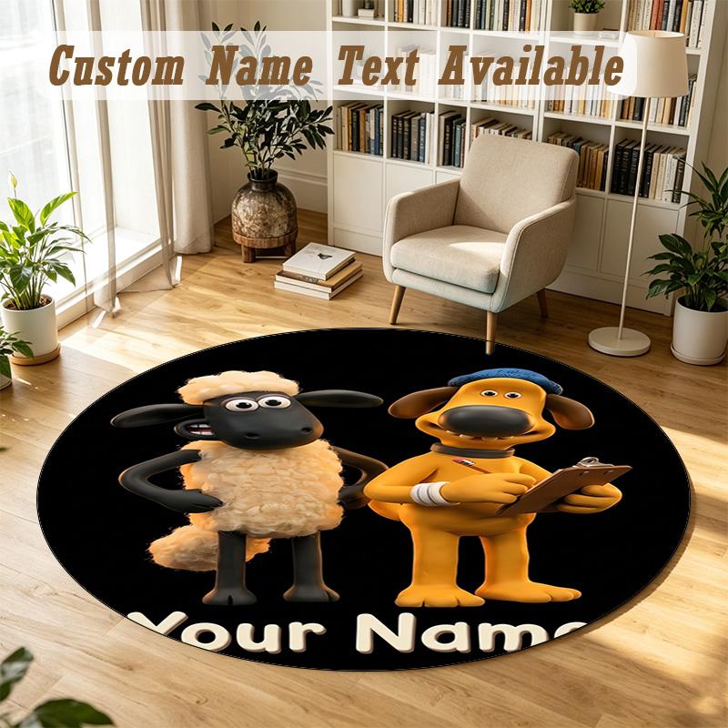 Round Rug Custom NameShaun the Sheep Pattern Non Slip Carpet Home Floor Decor