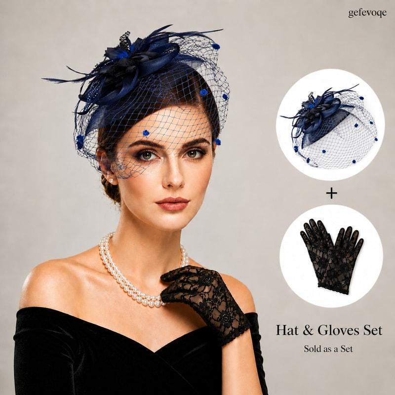 Fascinator Hat With Flower And Veil And Lace Gloves Set For Women Wedding Guest Cocktail Party Royal Ascot Formal Events