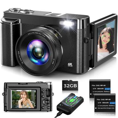 4K Digitalkamera mit drehbarem 16x Bild 32GB Micro SD Zwei 52mm UV und Aufladen Ideal für Anfänger 48MP, 180° Display, Autofokus, Zoom,