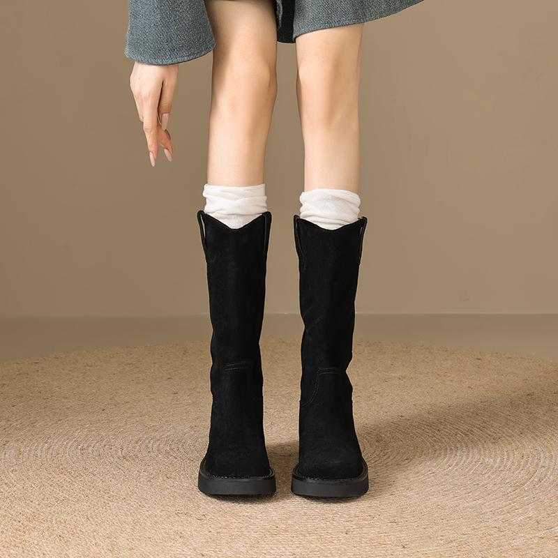 Mode 2025 Neue Damenstiefel mit runder Spitze, mittelhohem Schaft aus Kuhveloursleder, mit mittelhohem Absatz, Reiterstiefel, modische Slipper für die Party, moderne Damenschuhe