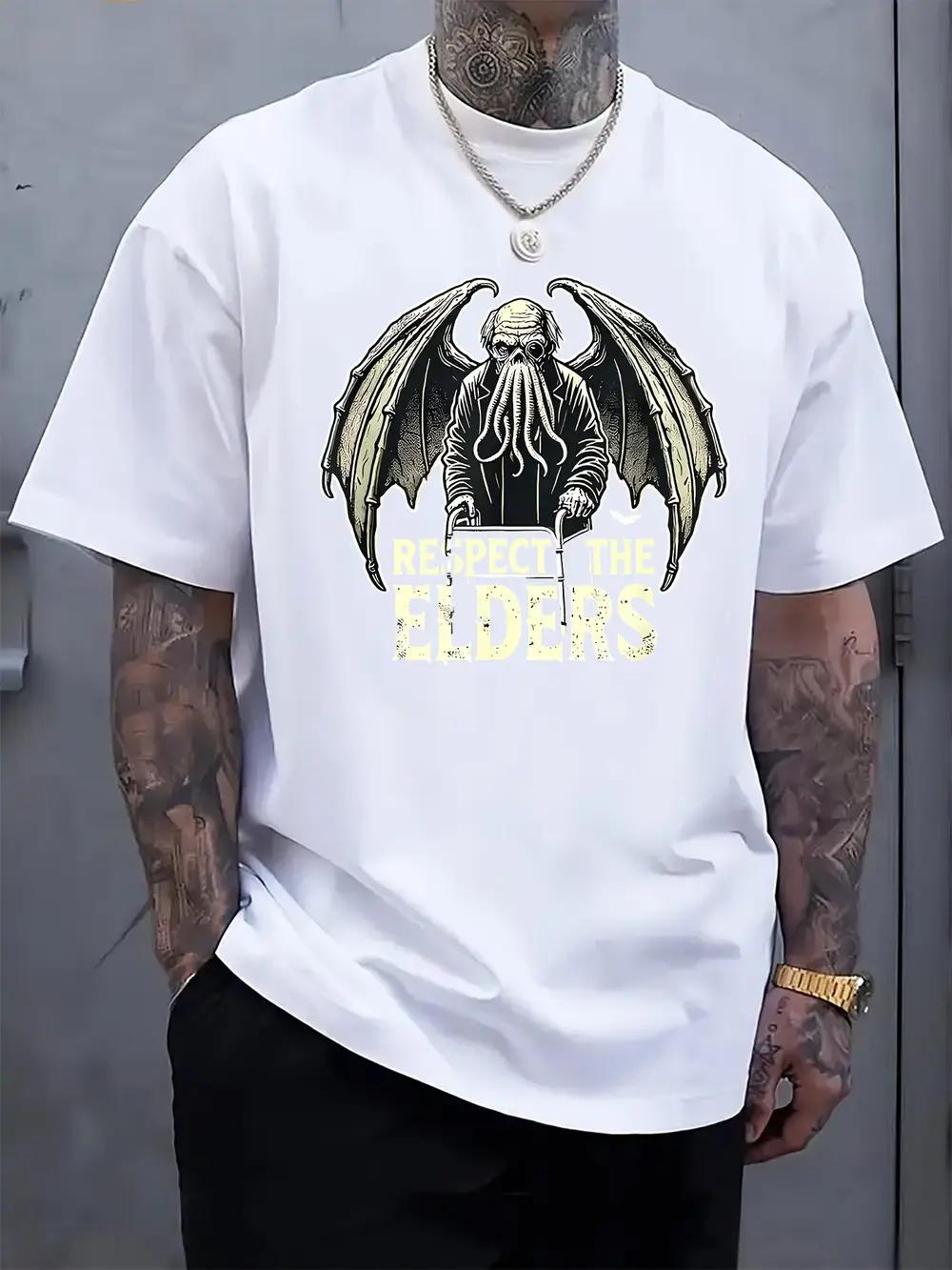 

Cthulhu Elder Horror Graphic Print T-shirt - Respect The Elders Short Sleeve Tee XXL