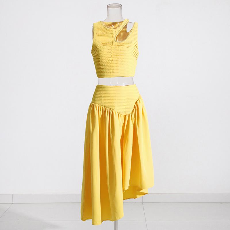 2025 Spring Socialite Suit: Pleated Hollow Top & Irregular Skirt