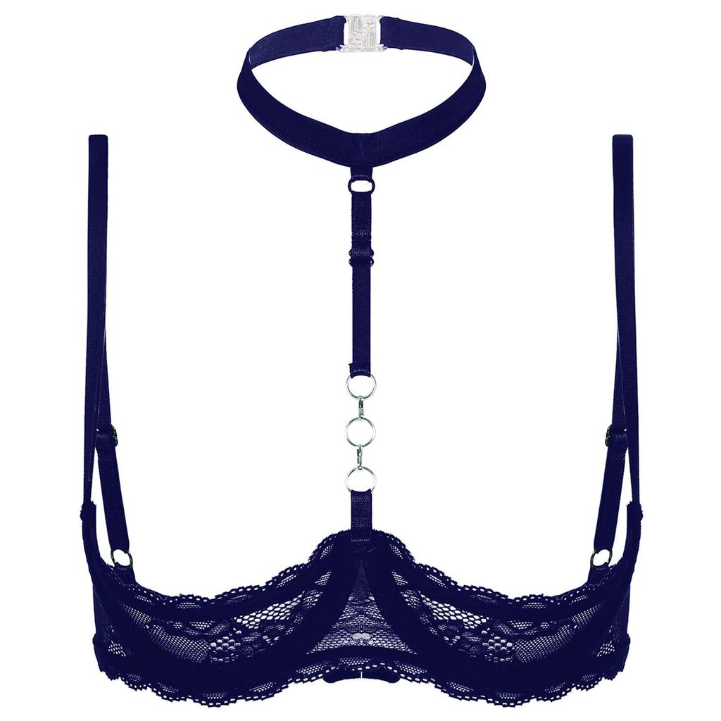 Womens 1/4 Cups Underwire Bra Halter Neck O Ring Sheer Lace Push Up Brassiere Lingerie Underwear