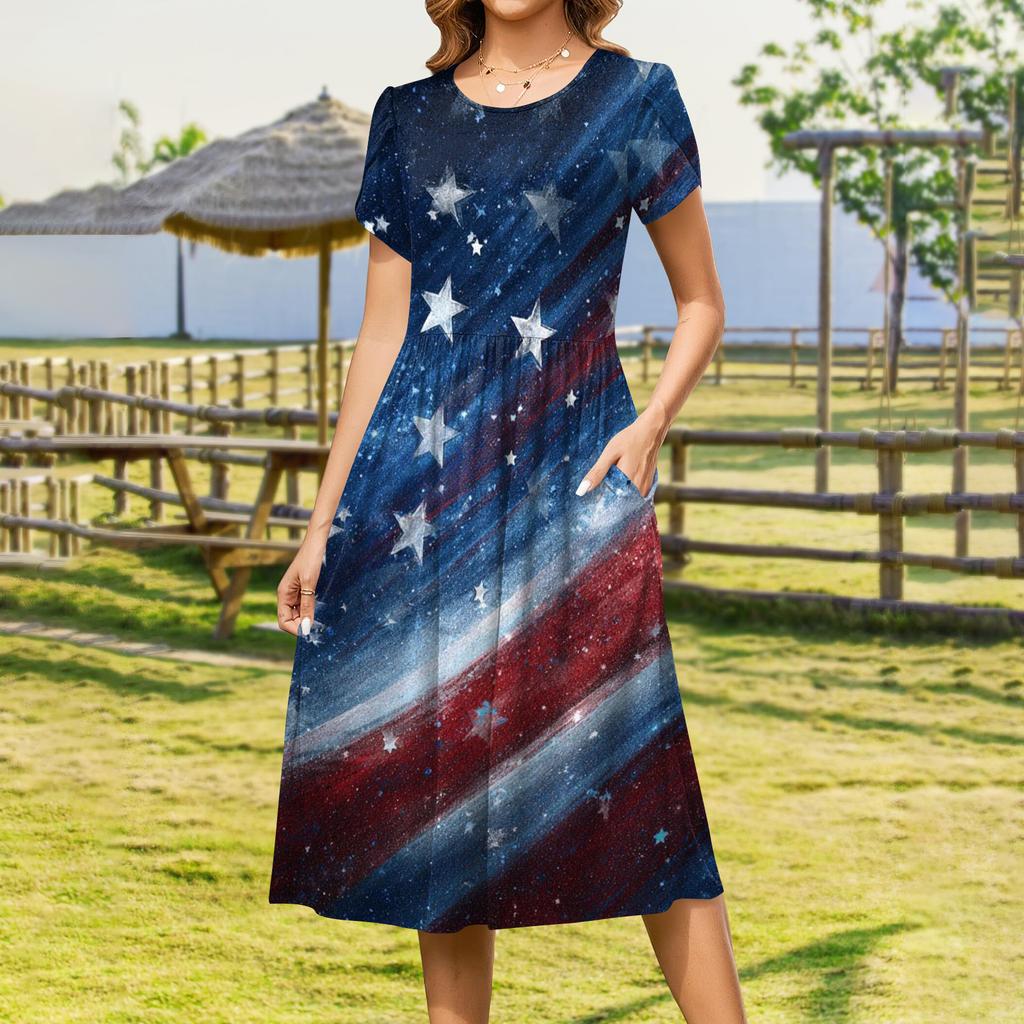 Women's Fashion Casual Loose Independence Day Printed Round Neck Pocket Short Sleeve Dress
