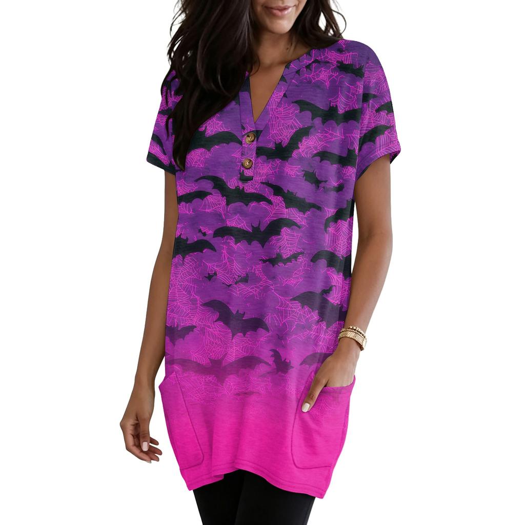 Women V Neck Halloween Print Short Sleeve Pullover Dress with Pocket Casual Loose Fit Tunic Dress for Daily Wear