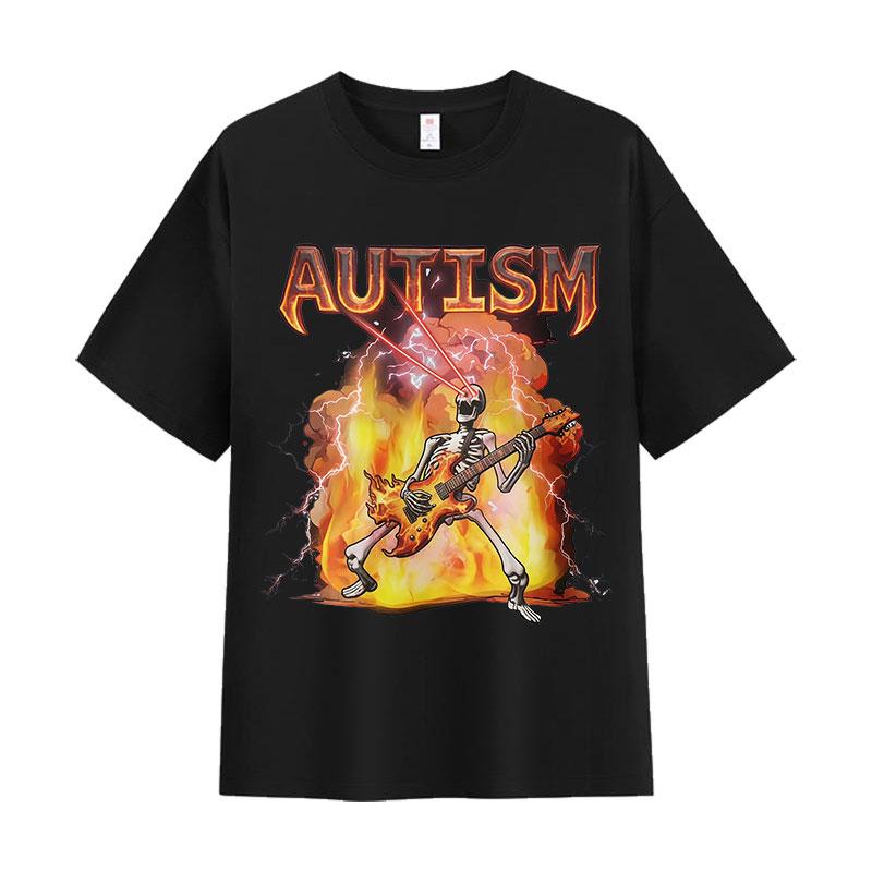 Autism Skeleton Fire Funny Neurodivergent Graphic Tshirt Unisex Women Retro Oversized Tshirts Summer ONeck Short Sleeve T Shirts