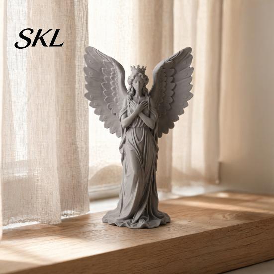 Miniature Angel Ornament for Display 3D Printed Crown Figurine, Vintage Guardian Angle Statue, Winged Women Decor Artistic Sculpture Home Tabletop