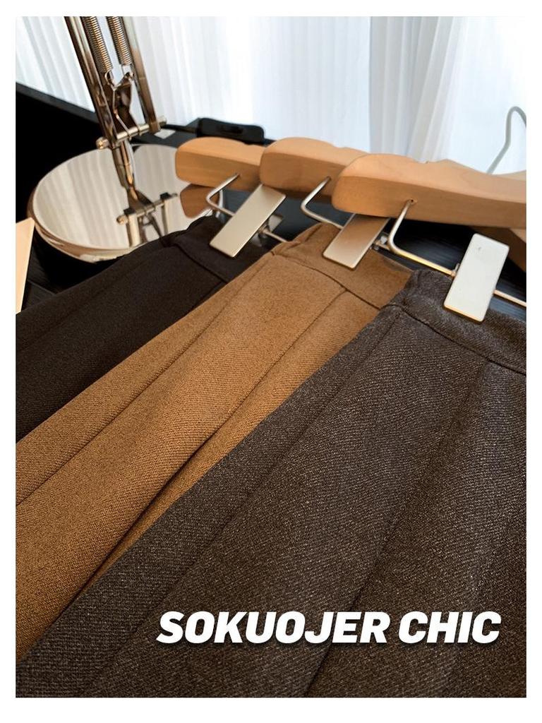 Women's High-Waisted Wool Blend Midi Skirt: Thick Pleated, Slimming Korean Style for Autumn & Winter